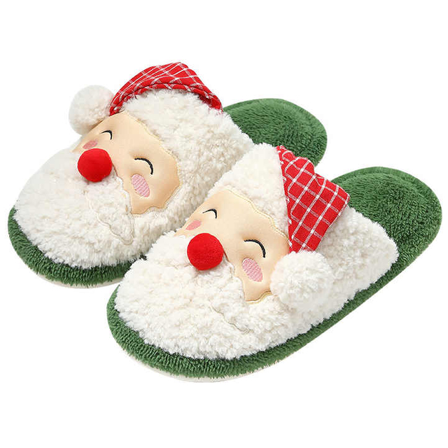 Zapatillas de casa cálidas de invierno para hombre y mujer, zapatos de interior para niños, dibujos animados de Papá Noel, deslizantes planos suaves para Navidad