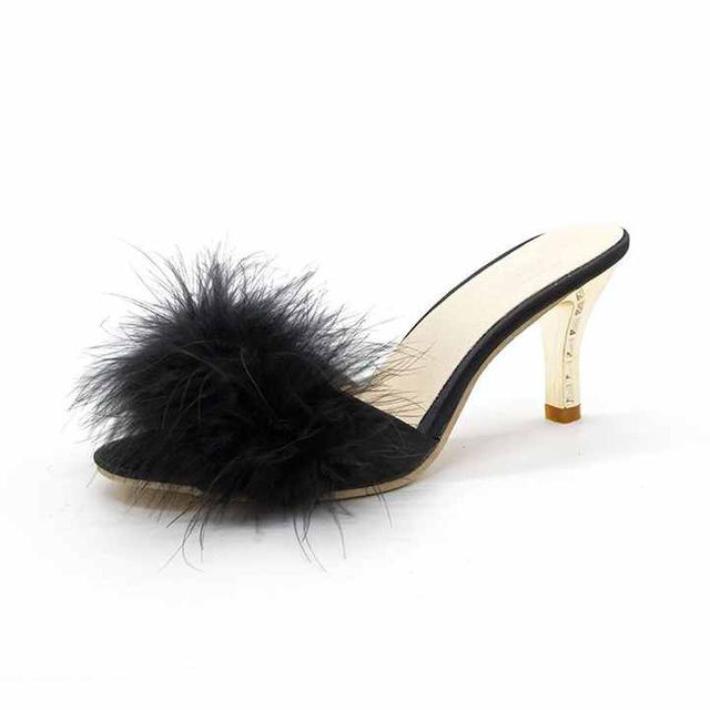 Sandalias de tacón de aguja peludas para mujer, zapatos de tacón alto con punta abierta, a la moda, novedad de verano