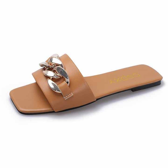 Zapatillas de verano con punta cuadrada y cadena para mujer, sandalias planas deslizantes, zapatos informales de playa para mujer