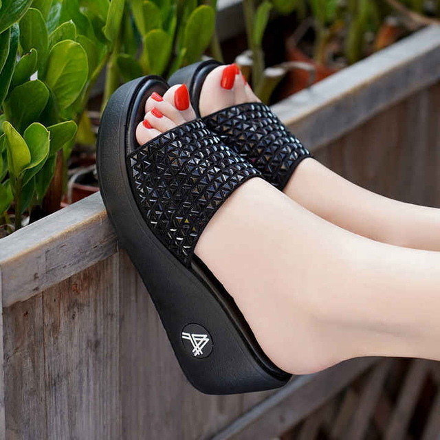 Zapatillas de mujer, sandalias informales con plataforma y cuña, sandalias a la moda con punta abierta y diamantes de imitación, sandalias con tacón y parte inferior gruesa