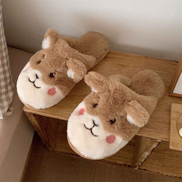 Zapatillas cálidas para invierno mullidas Kawaii a la moda con animales bonitos para mujer, Zapatillas de casa con dibujos animados, zapatos divertidos