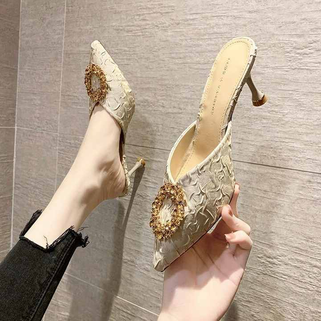 Zapatos de tacón con talón descubierto y diamantes de imitación para mujer, tacones elegantes con punta en pico, zapatos de tacón de aguja para mujer para oficina, verano 
