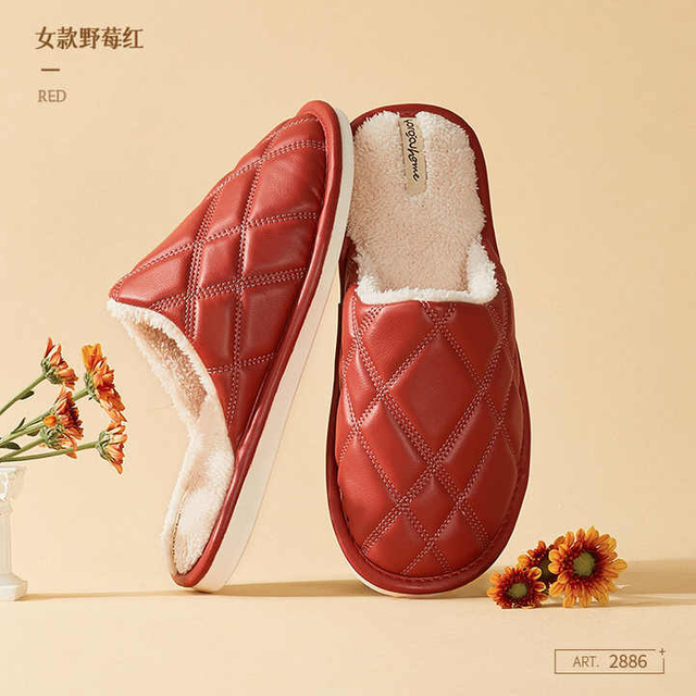 Zapatillas de cuero cálida para invierno a la moda, chanclas cortas de felpa para mujer, zapatillas impermeables para hombre, casa de invierno, suaves y cómodas para interiores 