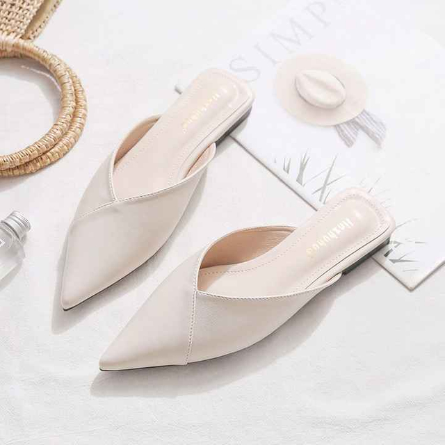 Sandalias planas puntiagudas Baotou Half Women's Lazy Muller, zapatos individuales, vestido de oficina de PU, elegancia, temperamento para mujer 