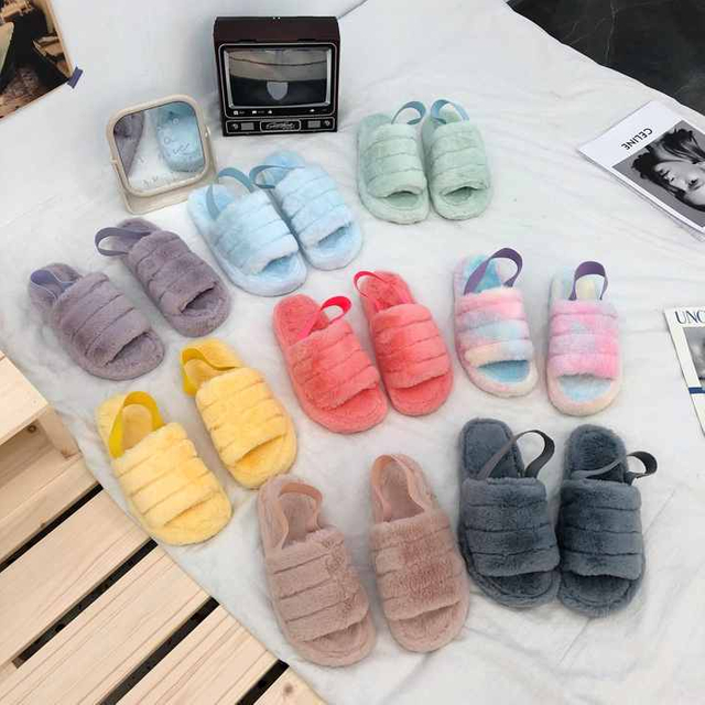 Sandalias de felpa para mujer, Zapatillas de casa informales, suaves, cómodas, con correa combinada, antideslizantes, planas para exteriores, otoño e invierno 