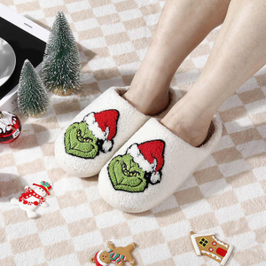 Gorro de Navidad Zapatillas de felpa para mujer, zapatillas de invierno cálidas y divertidas para el hogar, zapatillas de monstruo de pelo verde, zapatos de algodón antideslizantes de Año Nuevo