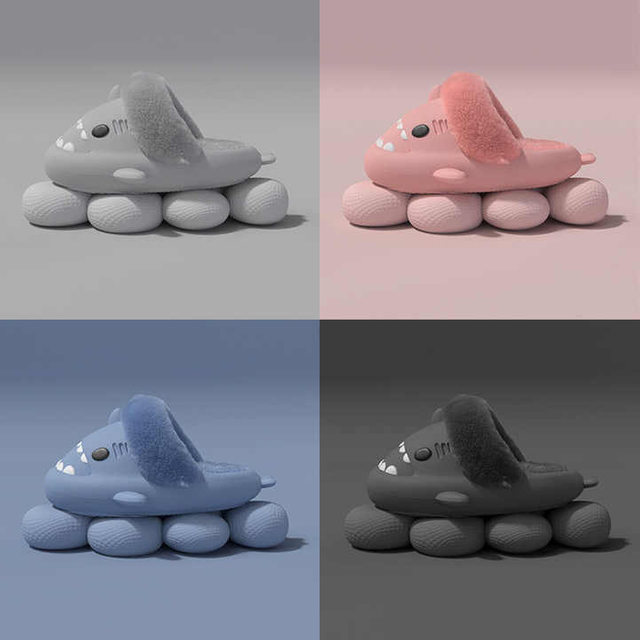 Zapatillas de tiburón de felpa de invierno para mujer hombre pareja diapositivas suave dibujos animados interior 4 cm suela gruesa 