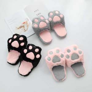 Zapatillas de felpa peludas para niñas, almohadilla para gatos, animales de dibujos animados, rosa, gris, pata de oso, zapatos antideslizantes para suelo interior