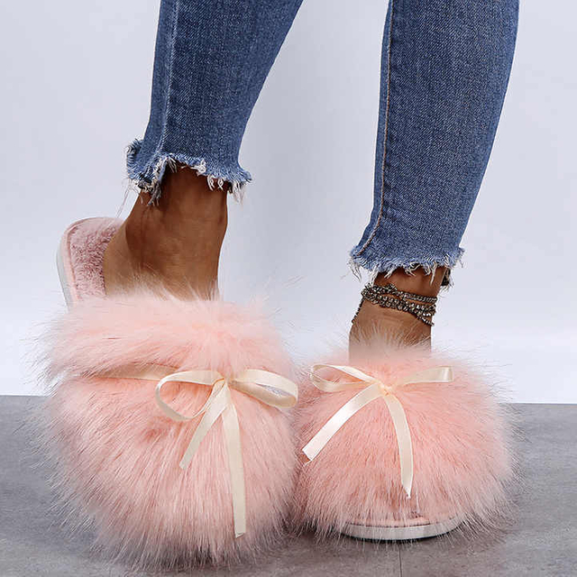 Outwear zapatos peludos mujeres Otoño Invierno bowknot hogar zapatillas de algodón de felpa