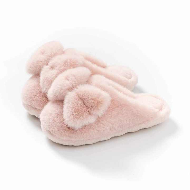 Lindas zapatillas de piel con lazo para mujer, zapatilla de Casa de felpa cerrada cálida de invierno, zapatos deslizantes Kawaii planos 