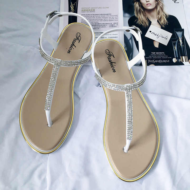 Sandalias planas con diamantes de imitación de verano, zapatos casuales, chanclas sexis, zapatos de mujer para mujer