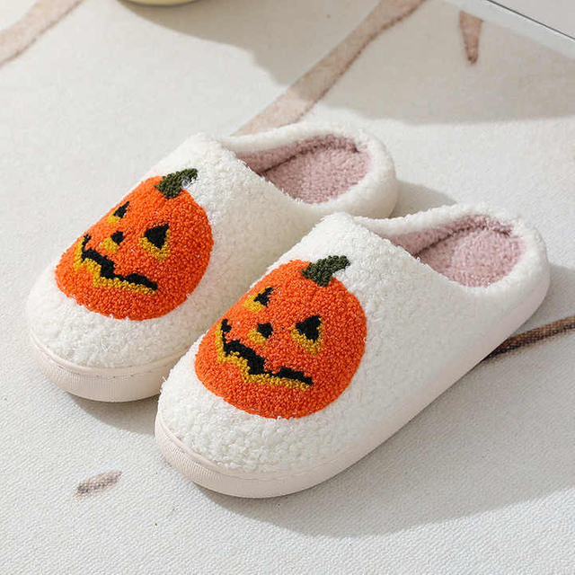 Zapatillas de Halloween con cara de fantasma y calabaza para hombre y mujer, pantuflas suaves y cálidas de felpa, cómodas, para interior, calzado de invierno para el hogar