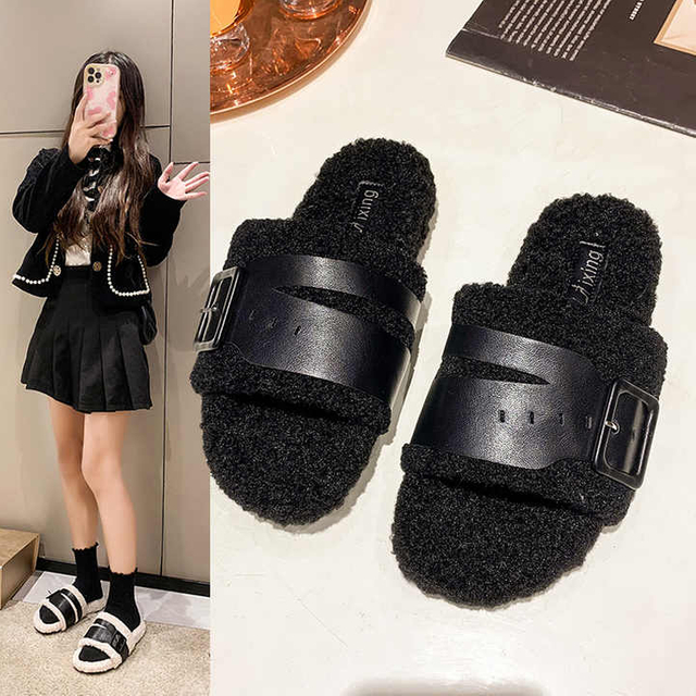 Mujer Otoño Invierno moda Cordero señoras piel esponjosa cálido chanclas de Casa Mujer interior zapatos planos de suelo suave 