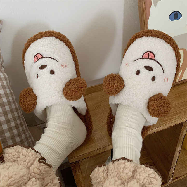 Zapatillas de piel para casa de invierno, zapatos cálidos de algodón, bonito perro de dibujos animados, dormitorio interior, chanclas con pelo para mujer