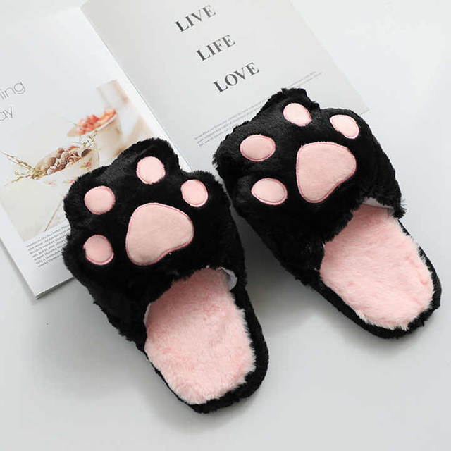 Zapatillas de felpa peludas para niñas, almohadilla para gatos, animales de dibujos animados, rosa, gris, pata de oso, zapatos antideslizantes para suelo interior