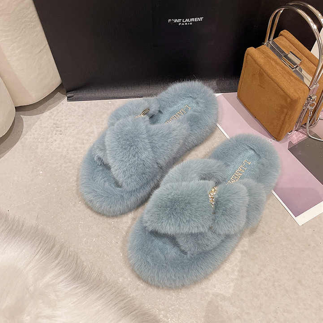 Moda de invierno Suave Cálido Comodidad Zapatilla de piel plana Diseñador de marca Mocasines sin cordones Mulas Chanclas Casual Interior