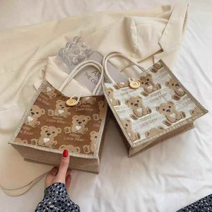 Bolso de mano de lino con oso para mujer, bolso de salida para mujer, bolso de hombro pequeño japonés para celebridades de Internet Ins, estudiante