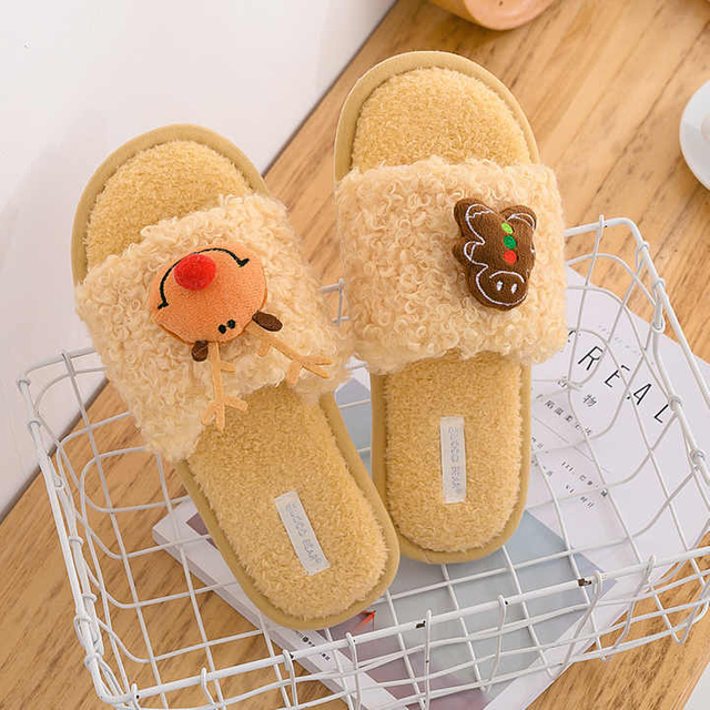 Navidad invierno nuevo algodón lindo piel rizada zapatillas de dibujos animados mujer hogar cálido felpa 