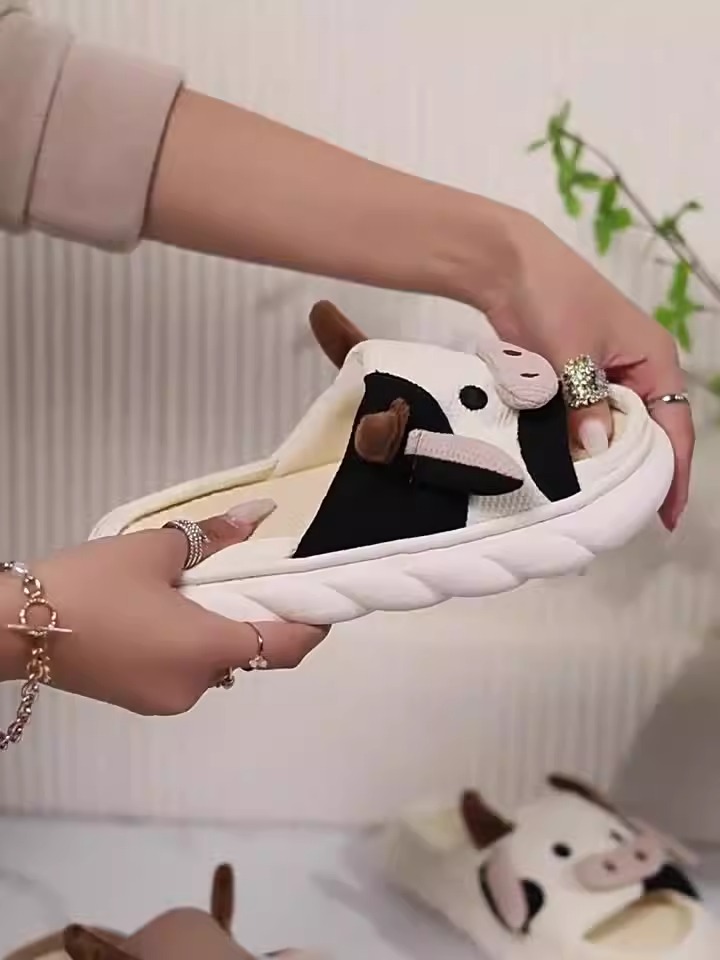 Zapatillas de lino de vaca para interior y hogar, universales, antideslizantes, con dibujos animados, para las cuatro estaciones