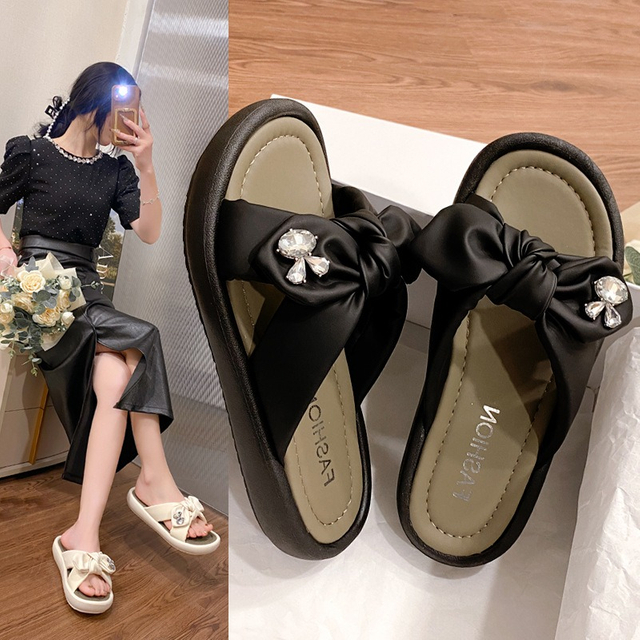 Zapatillas con pajarita y diamantes de imitación para mujer, ropa exterior, zapatillas planas de ocio para personas mayores