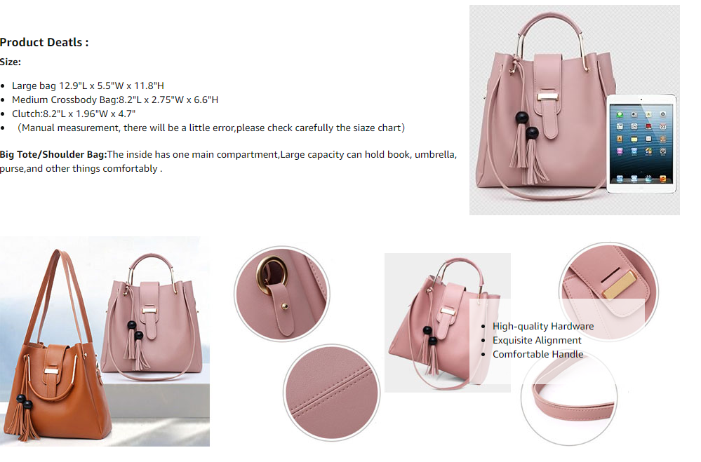 Bolso de 3 piezas para mujer,Bolso de hombro de marcas famosas,Bolso de PU para mujer,Totalizador con borlas para mujer,Bolso de hombro para mujer