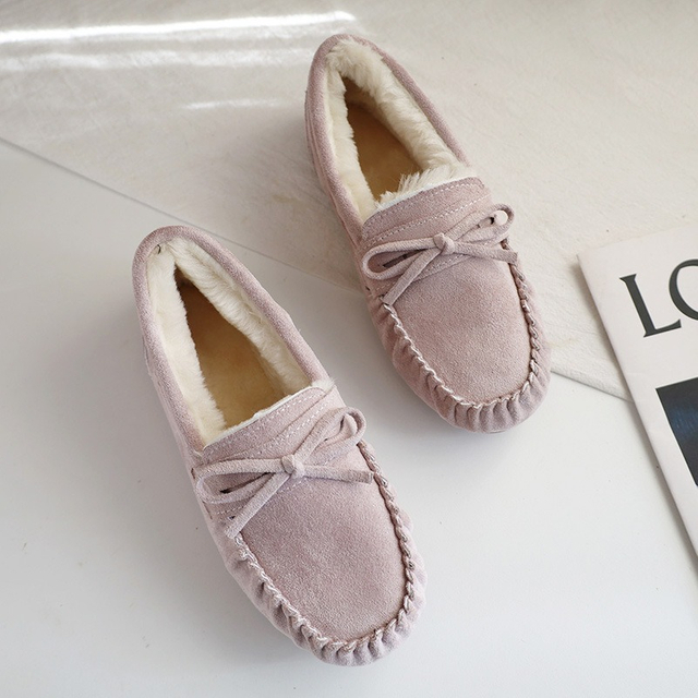 Zapatos planos informales para mujer, mocasines suaves, mocasines a la moda, cómodos, cálidos, con lazo de felpa, zapatos de algodón para mujer