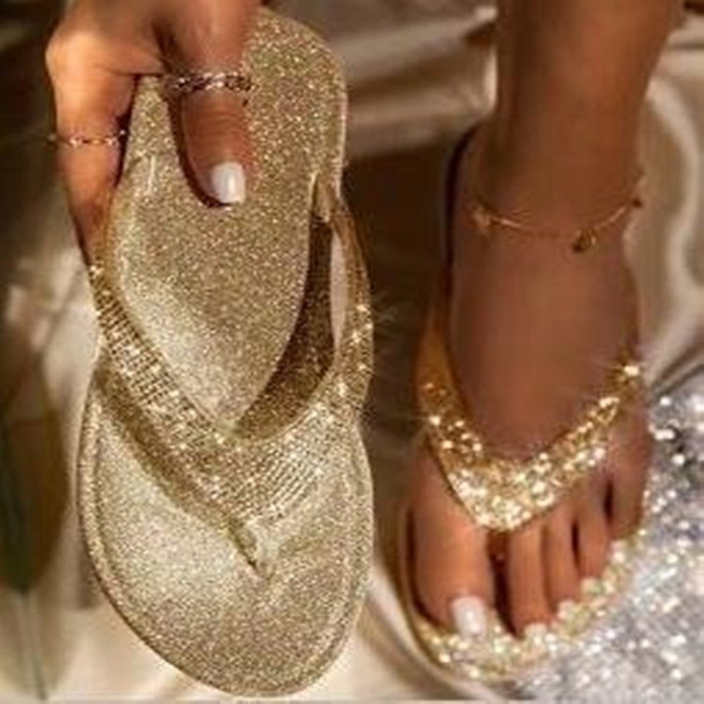 Chanclas planas para mujer, zapatos con diamantes de imitación ostentosos, zapatillas informales de verano para mujer con purpurina de cristal