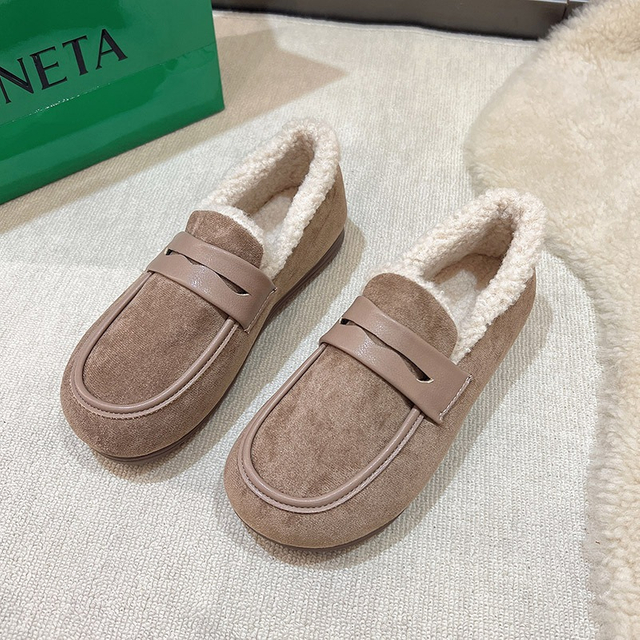 Zapatos de invierno para mujer, mocasines cortos de felpa para costura al aire libre, informales, sin cordones, con parte inferior antideslizante, mocasines planos cómodos para mujer