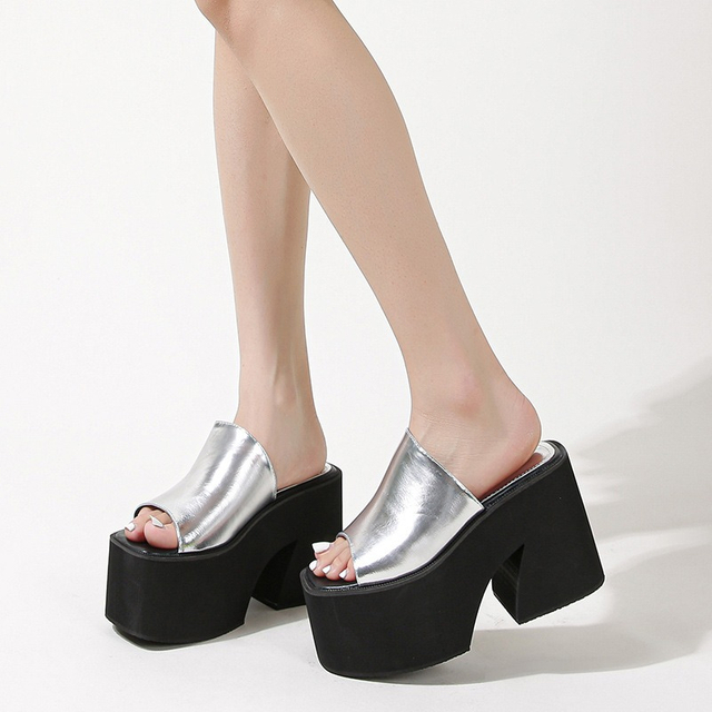 Sandalias de tacón alto de cuero con boca de pez y plataforma impermeable a la moda, zapatillas de verano para mujer