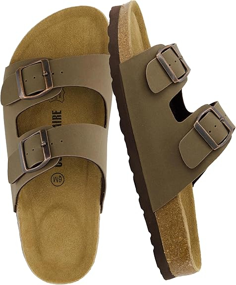 Sandalias de plantilla de corcho de carril para mujeres: cómodo hebilla doble deslizamiento con plantilla de gamuza genuina y toboganes de soporte para mujeres para mujeres calzado