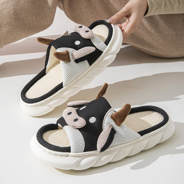 Zapatillas de lino de vaca para interior y hogar, universales, antideslizantes, con dibujos animados, para las cuatro estaciones