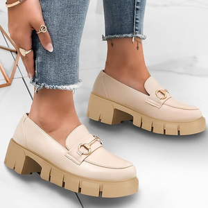 Plataforma gruesa para mujer Lug Suela mocasines Mid tacón cuadrado vestido de trabajo para caminar con cadena de hebillas