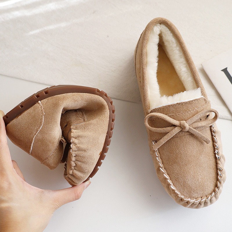 Zapatos planos informales para mujer, mocasines suaves, mocasines a la moda, c&oacute;modos, c&aacute;lidos, con lazo de felpa, zapatos de algod&oacute;n para mujer