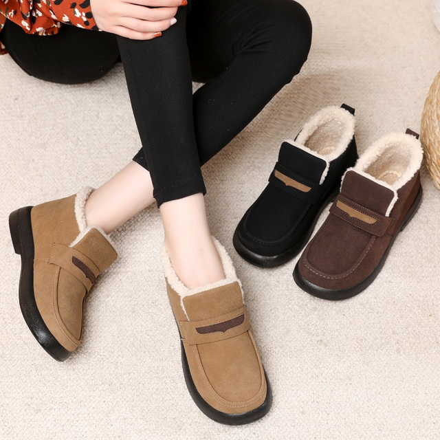 Mocasines para mujer Mocasines con tacón de felpa grueso Zapatos cómodos sin cordones Zapatos de casa vintage para mujer Mocasines de espuma viscoelástica para interiores y exteriores Cálido 