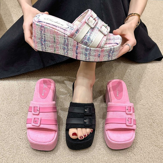 Zapatillas de plataforma con cabeza cuadrada, hebillas de cinturón, sandalias de pana con punta abierta para mujer, novedad de verano 2024, zapatos de diseñador, sandalias de cuña a la moda