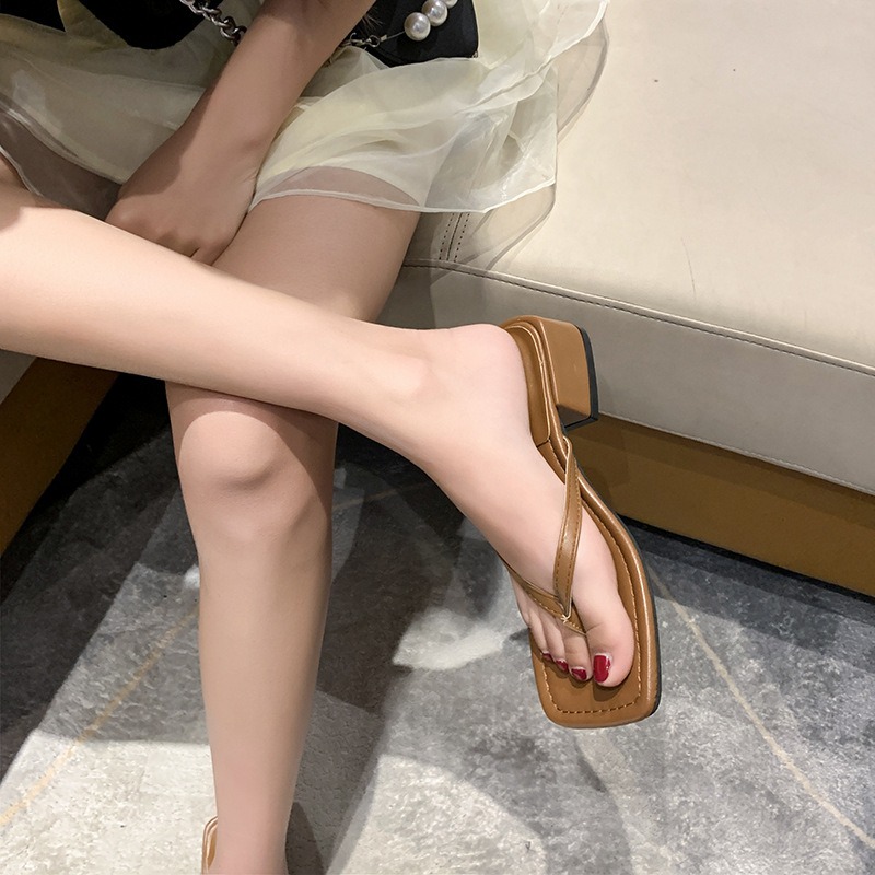 Chanclas para mujer, nuevas zapatillas de tac&oacute;n alto gruesas con punta cuadrada de verano, sandalias informales de tendencia a la moda para mujer