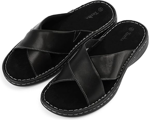 Sandalias de toboganes de cuero napa para hombres Sandalias de vestimenta suave con espuma de memoria Foam Bande