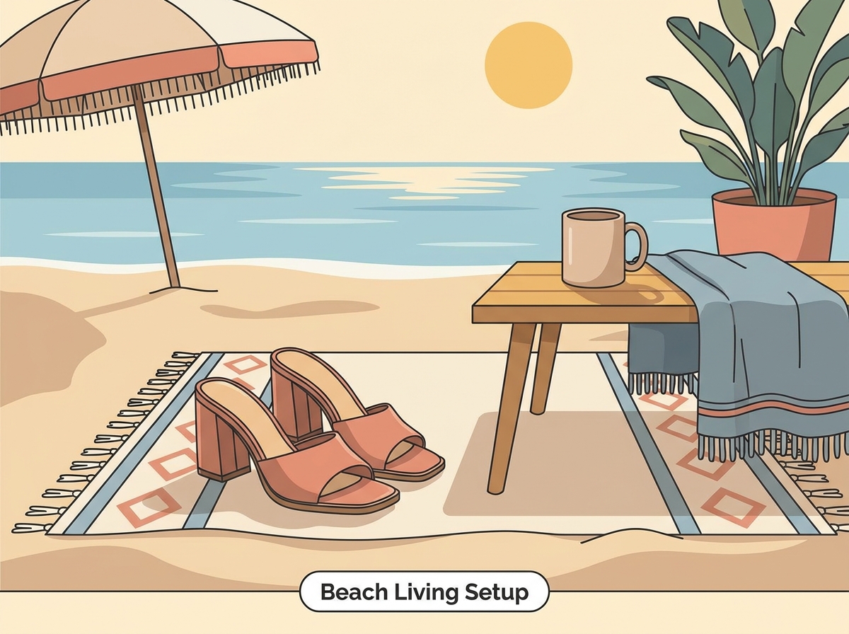 Un acogedor espacio de vida al aire libre en la playa, bellamente dise&ntilde;ado, con c&oacute;modos asientos y decoraci&oacute;n costera.