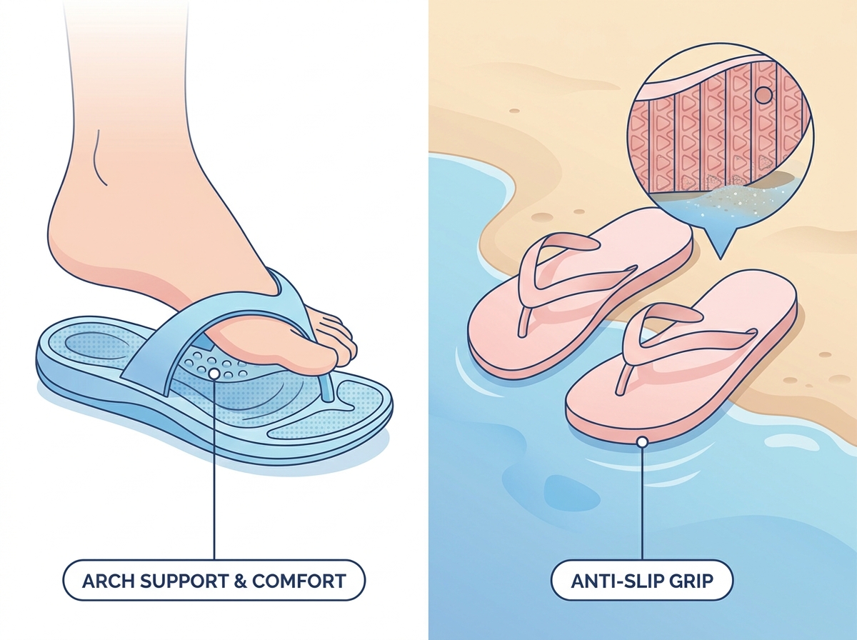 Un par de chanclas de playa c&oacute;modas y de apoyo descansando sobre la arena.