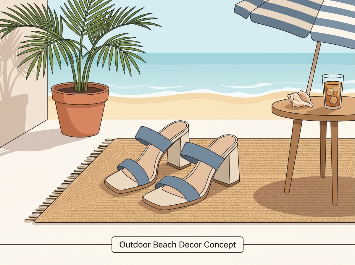 Un patio de playa al aire libre bellamente decorado con muebles costeros y accesorios mar&iacute;timos.
