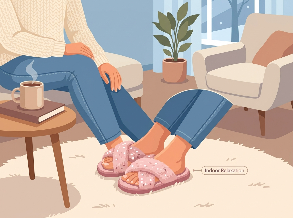 Un elegante par de c&oacute;modas pantuflas de algod&oacute;n para el hogar dise&ntilde;adas para el uso diario en interiores.